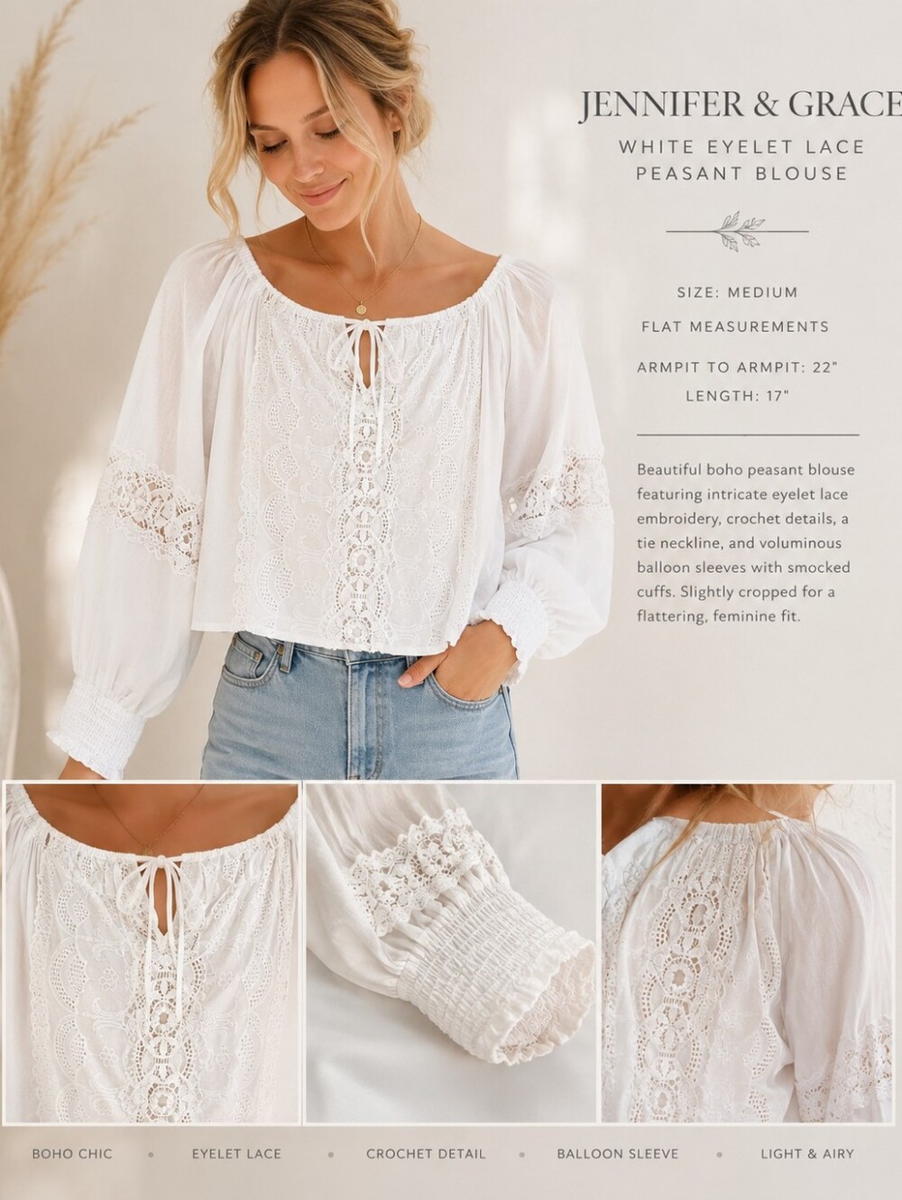Jennifer & Grace White Eyelet Lace Boho Peasant Blouse Top M - Picture 7 of 16
